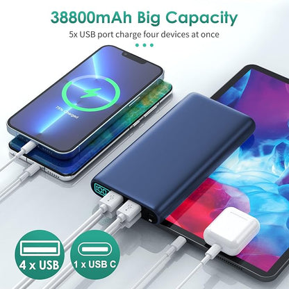 Portable Charger 38800mAh,LCD Display Power Bank,5 USB Outputs Battery Pack Backup,USB-C inout Dual Input Phone Charging Compatible with iPhone 16151413 Pro,Android Samsung Galaxy Pixel Nexus-Blue
