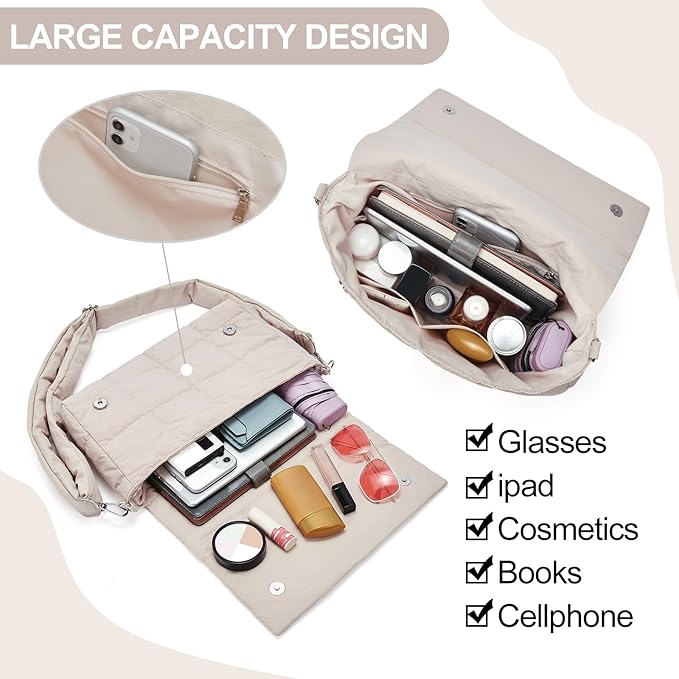 CLUCI Puffer Shoulder Bag Puffy Crossbody Purse for Women Middle Tote Bag Lightweight Cotton Padded Hobo Handbag