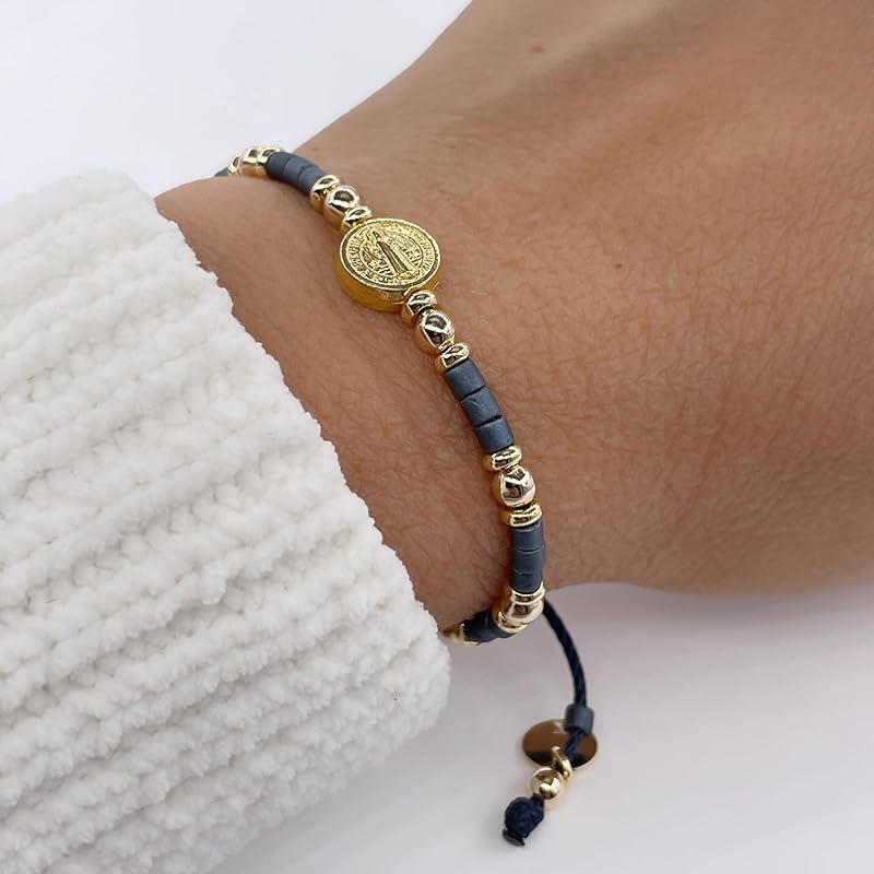 St Benedict Coin Bead Round with Miyuki seed beads and Gold Plated spacers Adjustable Bracelet for Women (Blue)