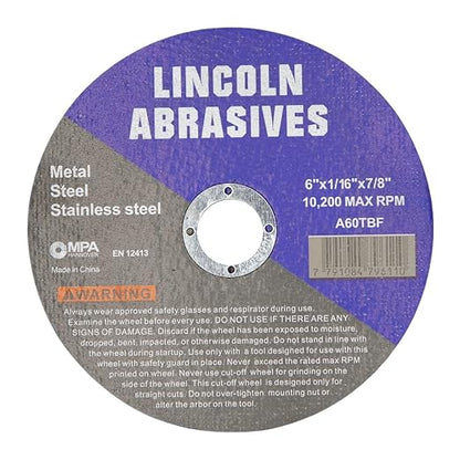 30 Pc 6" x 1/16" x 7/8" Cut-Off Wheels Lincoln Abrasives Metal & Stainless Steel