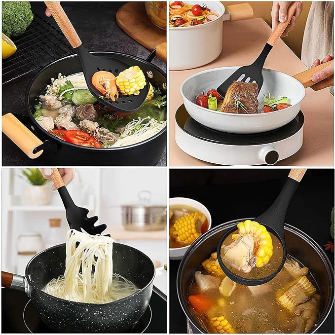 Utoolmart Silicone Slotted Spatula, Silicone Spatula Cooking Utensils for Non-Stick Pans, High Heat-Resistant Wok Spatula with Wooden Handle, for Cooking, Baking, Stir-Fry, Black, 1 Pcs