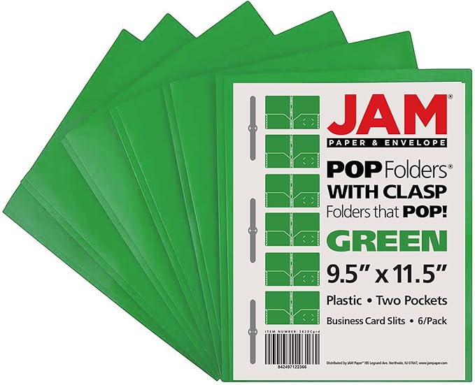 JAM PAPER Plastic Color POP Folders - 2 Pocket Durable Folders with Metal Prongs Fastener Clasps - Green - 6Pack