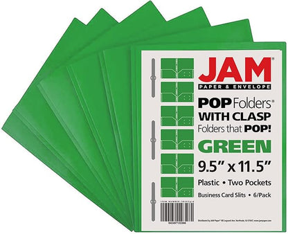 JAM PAPER Plastic Color POP Folders - 2 Pocket Durable Folders with Metal Prongs Fastener Clasps - Green - 6Pack