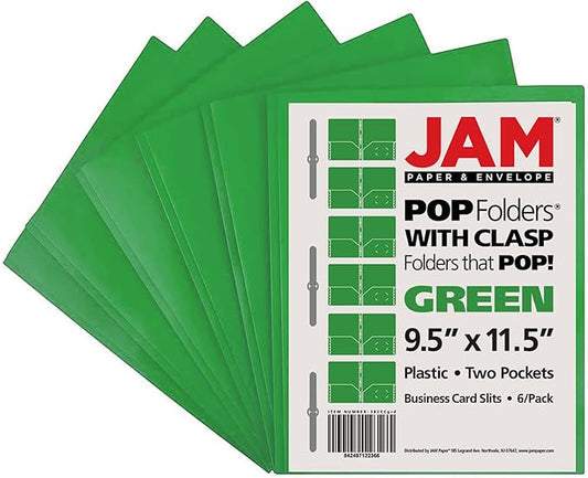 JAM PAPER Plastic Color POP Folders - 2 Pocket Durable Folders with Metal Prongs Fastener Clasps - Green - 6Pack