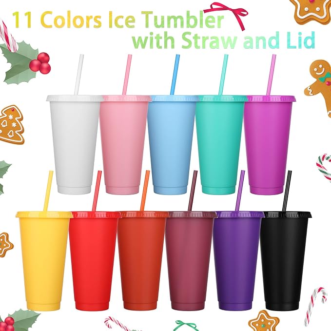Honeydak 15 Pack Tumbler with Straw and Lid Bulk Cups for Gifts Water Bottle Iced Coffee Travel Mug Cup Reusable Plastic Tumblers for Party Birthdays 24-27 oz (Solid Color)