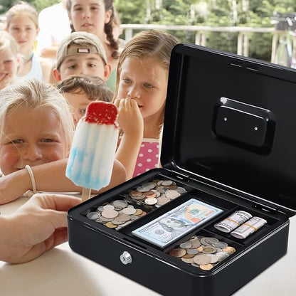 KYODOLED Metal Cash Box with Money Tray and Lock,Money Box with Cash Tray,Cash Drawer,11.81"x 9.45"x 3.54" Black X Large
