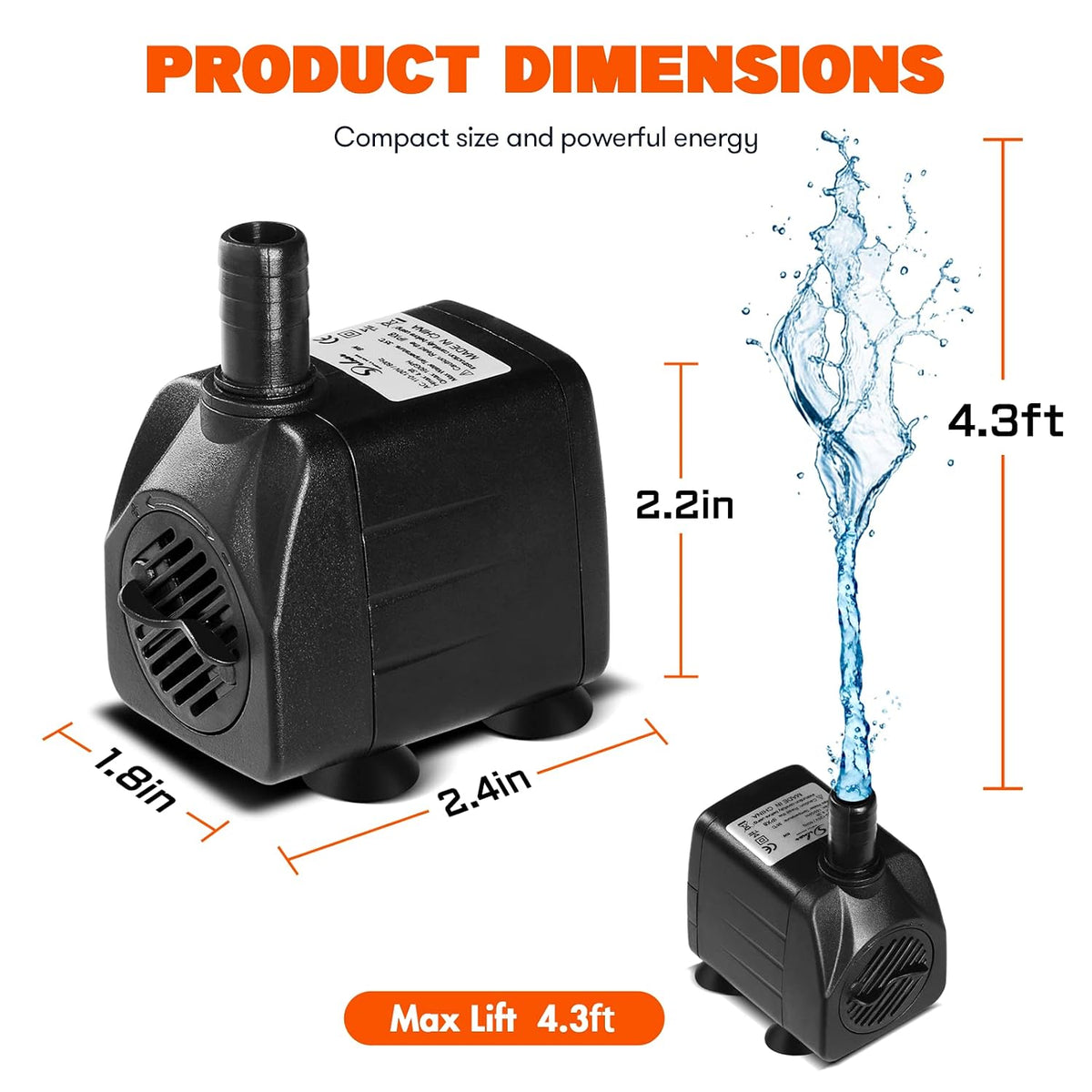 Simple Deluxe 160GPH Submersible Water Pump (600L/H, 8W) with Adjustable Intake, 4.3ft High Lift, Perfect for Fish Tank, Pond, Aquarium, Hydroponics Black (Nozzles Not Included)