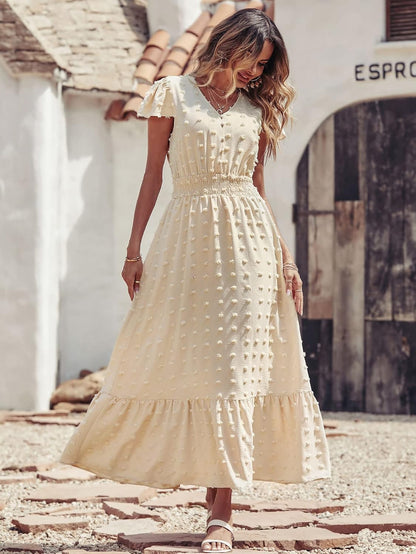 PRETTYGARDEN Womens Dresses 2025 Summer Maxi Dress Boho Short Sleeve V Neck Swiss Dot Ruffle Tiered Smocked Flowy Long Dress