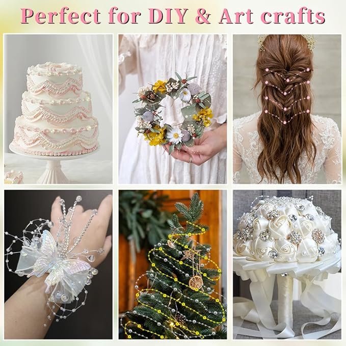 Pearl Bead Garland 98 Ft Artificial Pearls String Strand of Pearls Beads Chain Pearl Garland Roll Bead Garland for Christmas Tree DIY Crafts Bouquet Home Wedding Party Decorations(White)