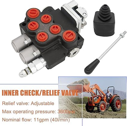 Hydraulic Valve 2 Spool, Hydraulic Directional Control Valve, 11GPM Hydraulic Joystick Control Valve for Tractors Loaders, Double Acting Cylinder Spool