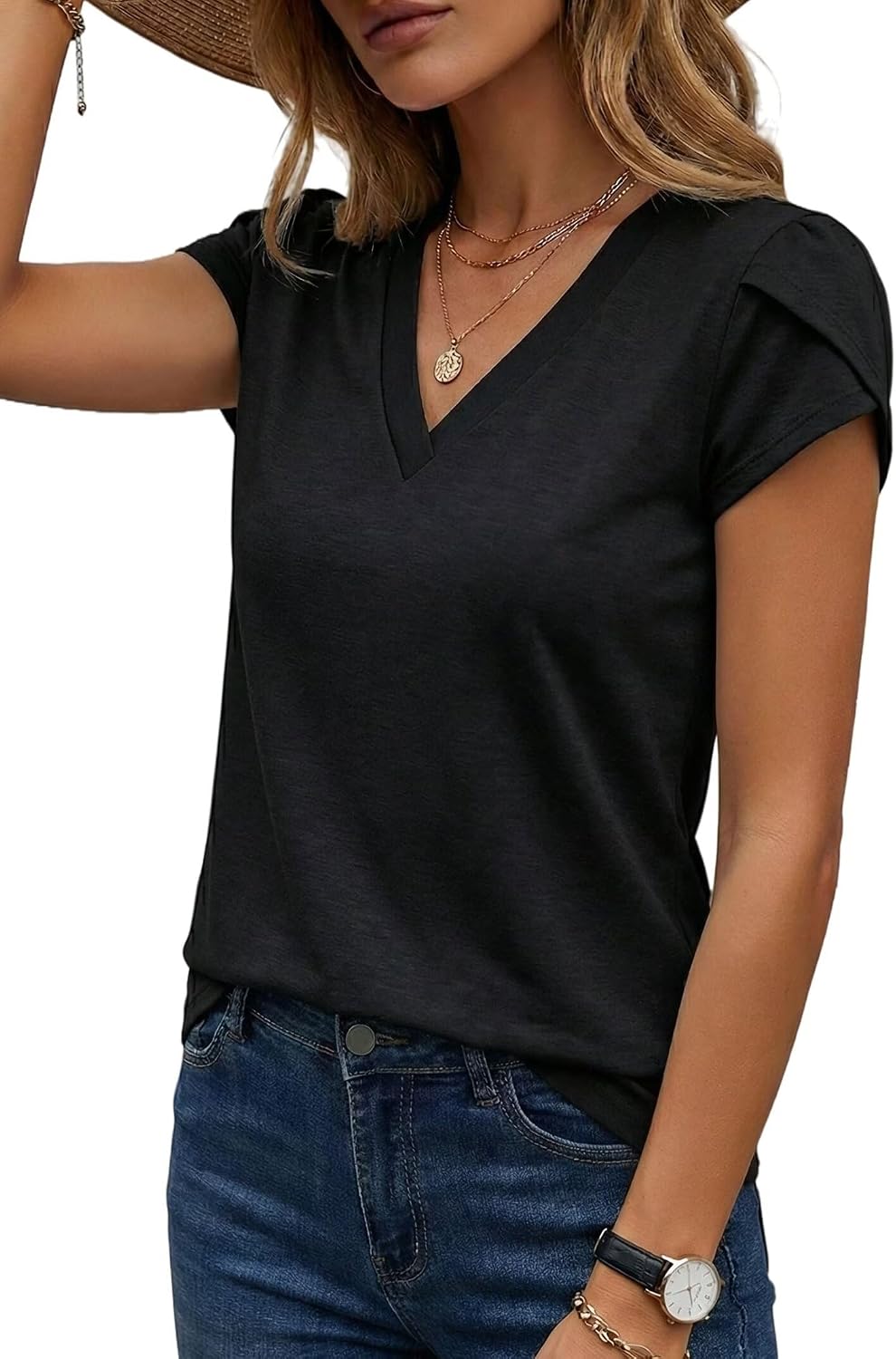 NUKELOLO V Neck T Shirts for Women Petal Sleeve Summer Tops Capsule Wardrobe Essentials Dressy Casual Blouse