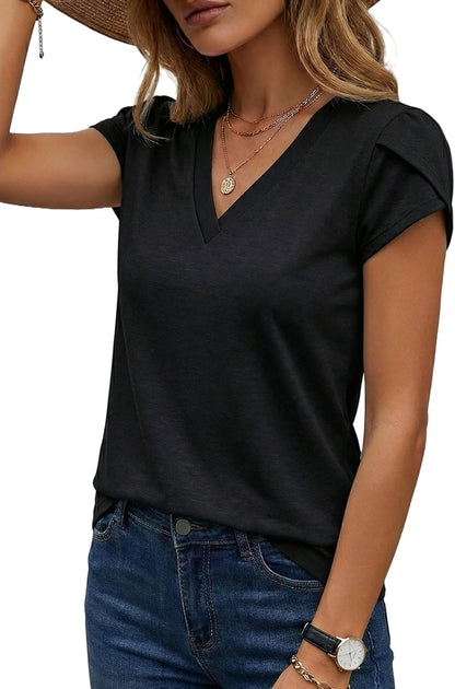 NUKELOLO V Neck T Shirts for Women Petal Sleeve Summer Tops Capsule Wardrobe Essentials Dressy Casual Blouse