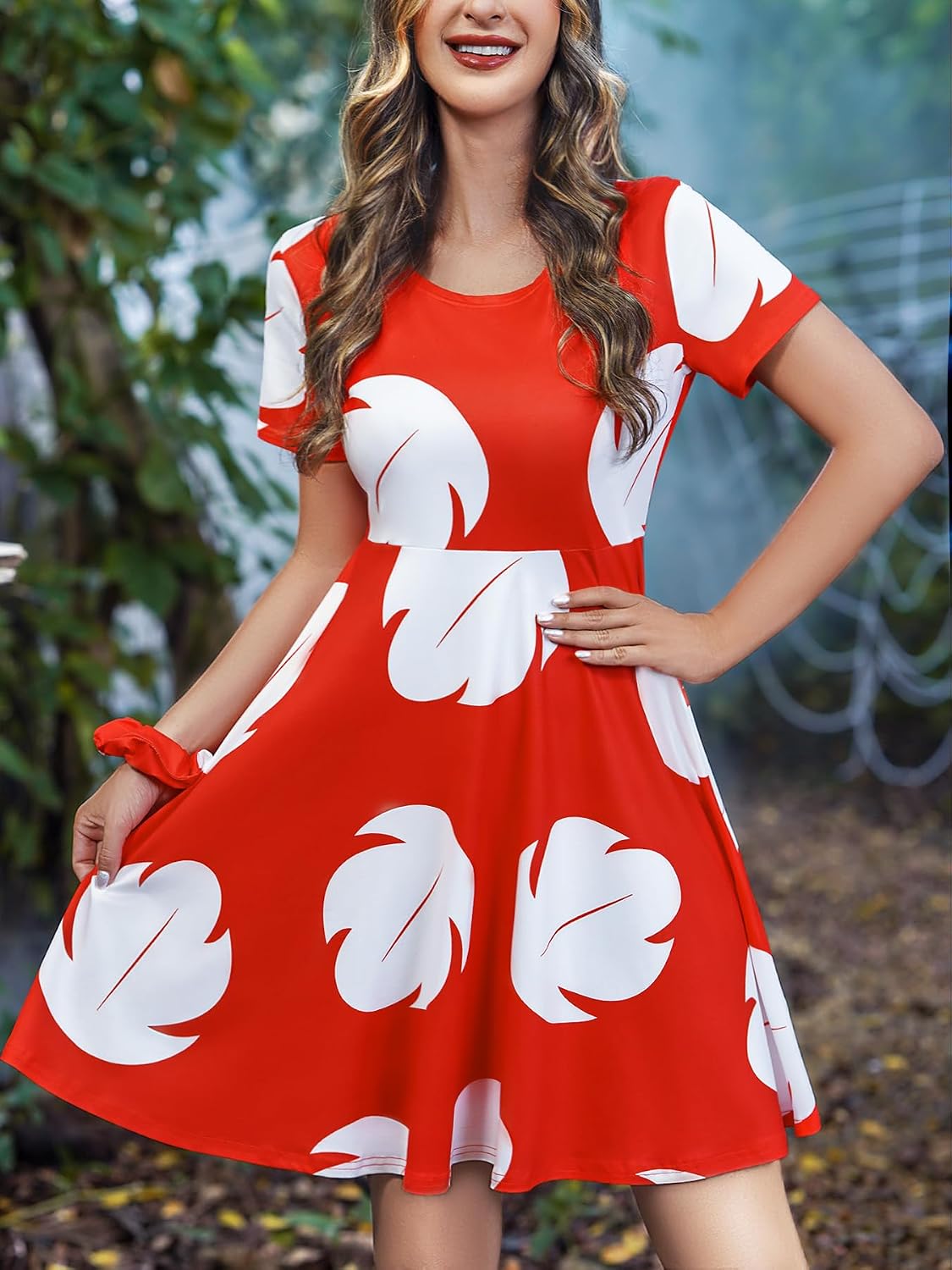 Maisolly Halloween Women's Red Leaf Cosplay Costume Short Sleeve Dress with Wreath and Flower Hair Clip.
