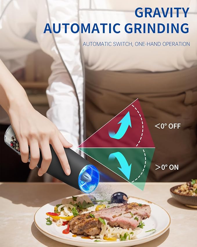 CIRCLE JOY Gravity Electric Pepper Grinder Salt Grinder Pepper Griner Mill Electric with LED Light, Battery Operated, Adjustable Coarseness, Washable 135ml Container, Black