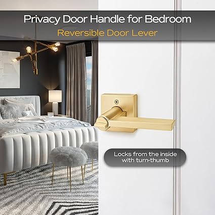 EHOMEWARE 1 Pack Gold Door Handles, Heavy Duty Door Knobs Interior for Bedroom Bathroom, Zinc Alloy Privacy Door Levers Door Handle with Lock, Satin Brass Modern Door Hardware  Locks
