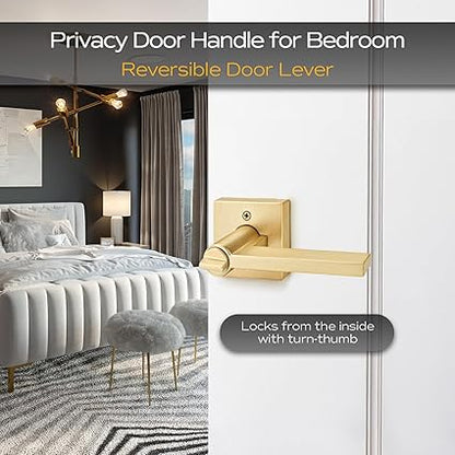 EHOMEWARE 1 Pack Gold Door Handles, Heavy Duty Door Knobs Interior for Bedroom Bathroom, Zinc Alloy Privacy Door Levers Door Handle with Lock, Satin Brass Modern Door Hardware  Locks