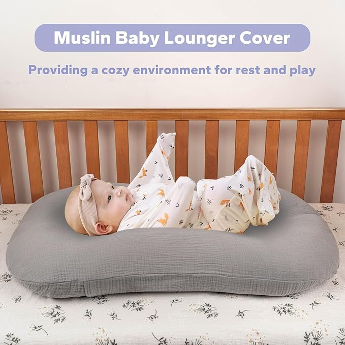 FUNUPUP Muslin Baby Lounger Cover Compatible with Snuggle Me Lounger, Infant Lounger Pillow Cover for Newborn, Removable Newborn Lounger Cover for Boys and Girls, Grey