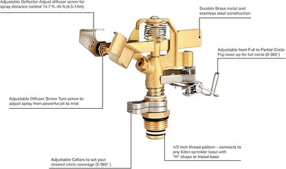 Eden 16032 Brass Impact Sprinkler, Heavy Duty Sprinkler Head, Adjustable 0-360 Degrees Pattern, Watering Sprinklers for Yard, Lawn and Grass Irrigation