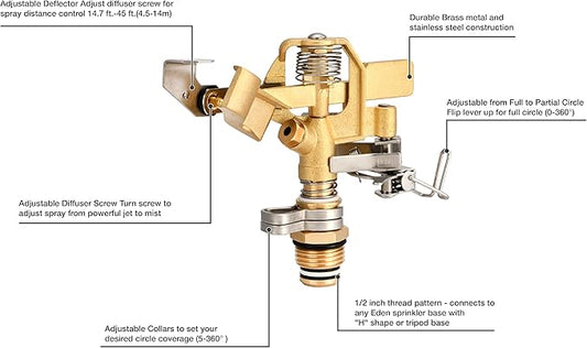 Eden 16032 brass impact sprinkler, sturdy sprinkler head, adjustable pattern from 0 to 360 degrees, irrigation sprinklers for patio, lawn and lawn irrigation
