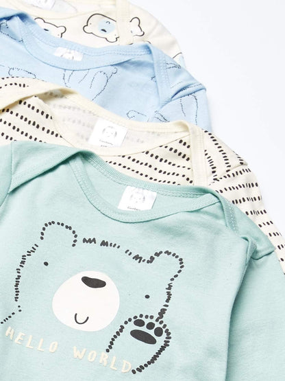 0 Months, 4-pack Gerber baby sleeper gowns with expandable neckline, open bottoms, and soft cotton fabric for nighttime comfort.