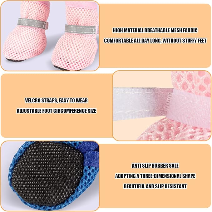 Summer Breathable Dog Shoes for Small Dogs, Breathable Mesh Dog Boots for Summer Hot Pavement, Reflective Adjustable Non Slip Paw Protectors for Small Dogs Cat Puppy (Blue, S)