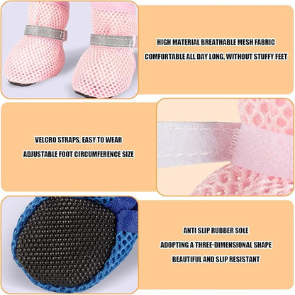 Summer Breathable Dog Shoes for Small Dogs, Breathable Mesh Dog Boots for Summer Hot Pavement, Reflective Adjustable Non Slip Paw Protectors for Small Dogs Cat Puppy (Blue, S)