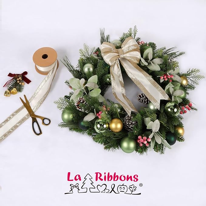 LaRibbons Glitter Wired Ribbon 2.5 Inch Wide 10 Yard Gold Metallic Satin Ribbon for Christmas Tree Garland, Wreath Bow, Craft,Gift Wrapping, Home Decor