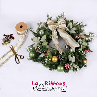 LaRibbons Glitter Wired Ribbon 2.5 Inch Wide 10 Yard Gold Metallic Satin Ribbon for Christmas Tree Garland, Wreath Bow, Craft,Gift Wrapping, Home Decor