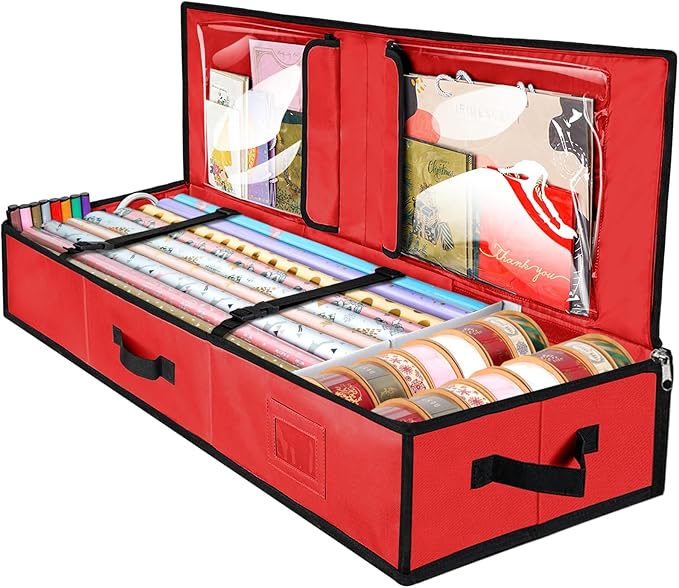 BALEINE Wrapping Paper Storage Organizer, 40" Durable 600D Oxford Fabric Gift Wrap Storage Bag with Flexible Partitions for Ribbon, Holiday Accessories (Red)