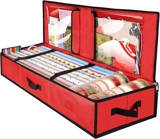 BALEINE Wrapping Paper Storage Organizer, 40" Durable 600D Oxford Fabric Gift Wrap Storage Bag with Flexible Partitions for Ribbon, Holiday Accessories (Red)