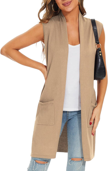 Moss Rose Women's Long Knit Cardigan Vest Casual Sleeveless Open Front Draped Duster Vest (Available in Plus Size)