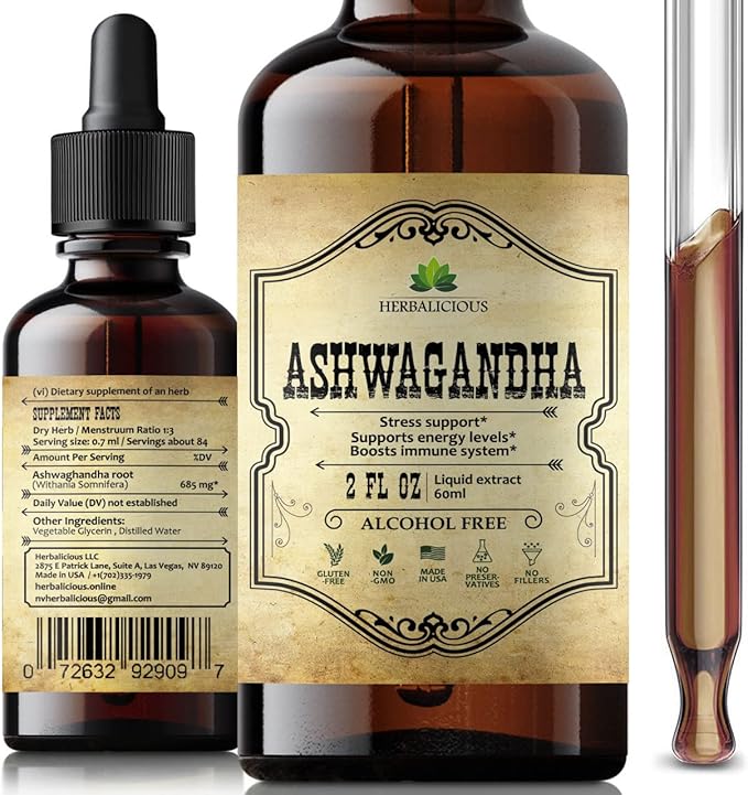 Ashwagandha Supplement Natural Withania Somnifera Root Extract Liquid Drops - Natural Stress Relief, Mood Booster, Sleep Aid  Calming Support - Non-GMO Vegetarian Formula 2Fl oz