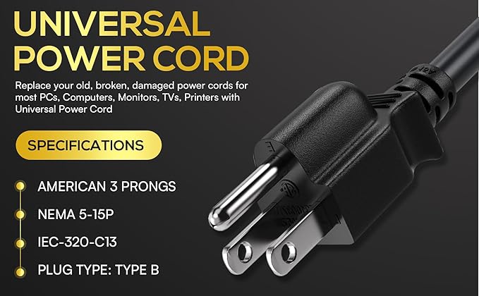 CableLeader 6ft 18 AWG Universal Power Cord IEC320 C13 to NEMA 5-15P, Extension Power Cord, Compatible with Computers, Monitors, Printers  TVs, White