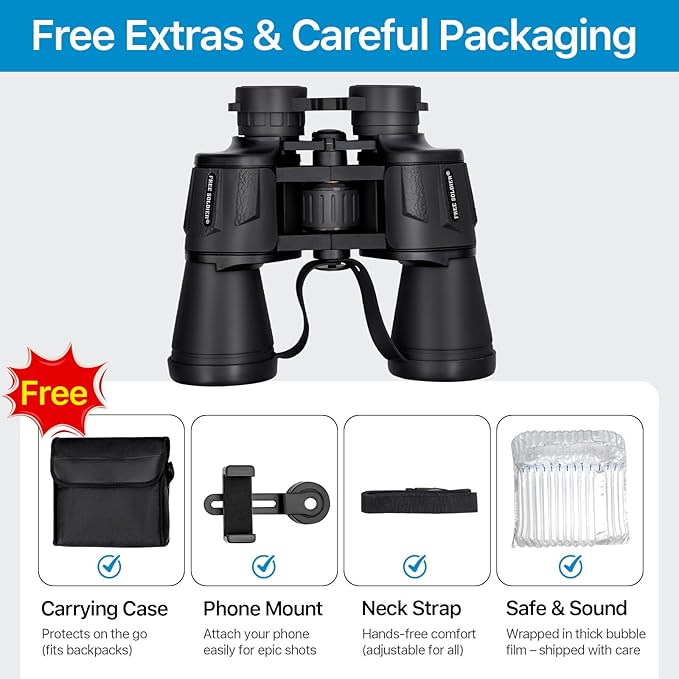 Adult Binoculars 20 x 50 inch High Power Binoculars for Bird Watching 1.102 in, Large Waterproof Eyepiece, Hunting, Hiking, Travel Concert with BAK4 FMC Prism Smartphone Adapter, Black Color
