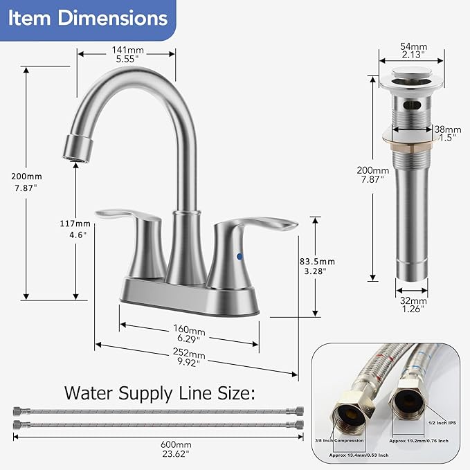 Phiestina 4 Inch 2 or 3 Hole Brushed Nickel Bathroom Sink Faucet RV Swivel 2 Handle Centerset Bath Vanity Faucet, with Water Supply line  Metal Pop-up Drain,TY36-BN