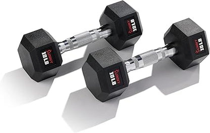 Sunny Health  Fitness Hex Style Dumbbell 5 LBS TO 50 LBS Chrome Handles, Hand Weight for Strength Training, Home Gym, Exercise, Workout Equipment Multiple Size Options