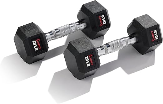 Sunny Health  Fitness Hex Style Dumbbell 5 LBS TO 50 LBS Chrome Handles, Hand Weight for Strength Training, Home Gym, Exercise, Workout Equipment Multiple Size Options