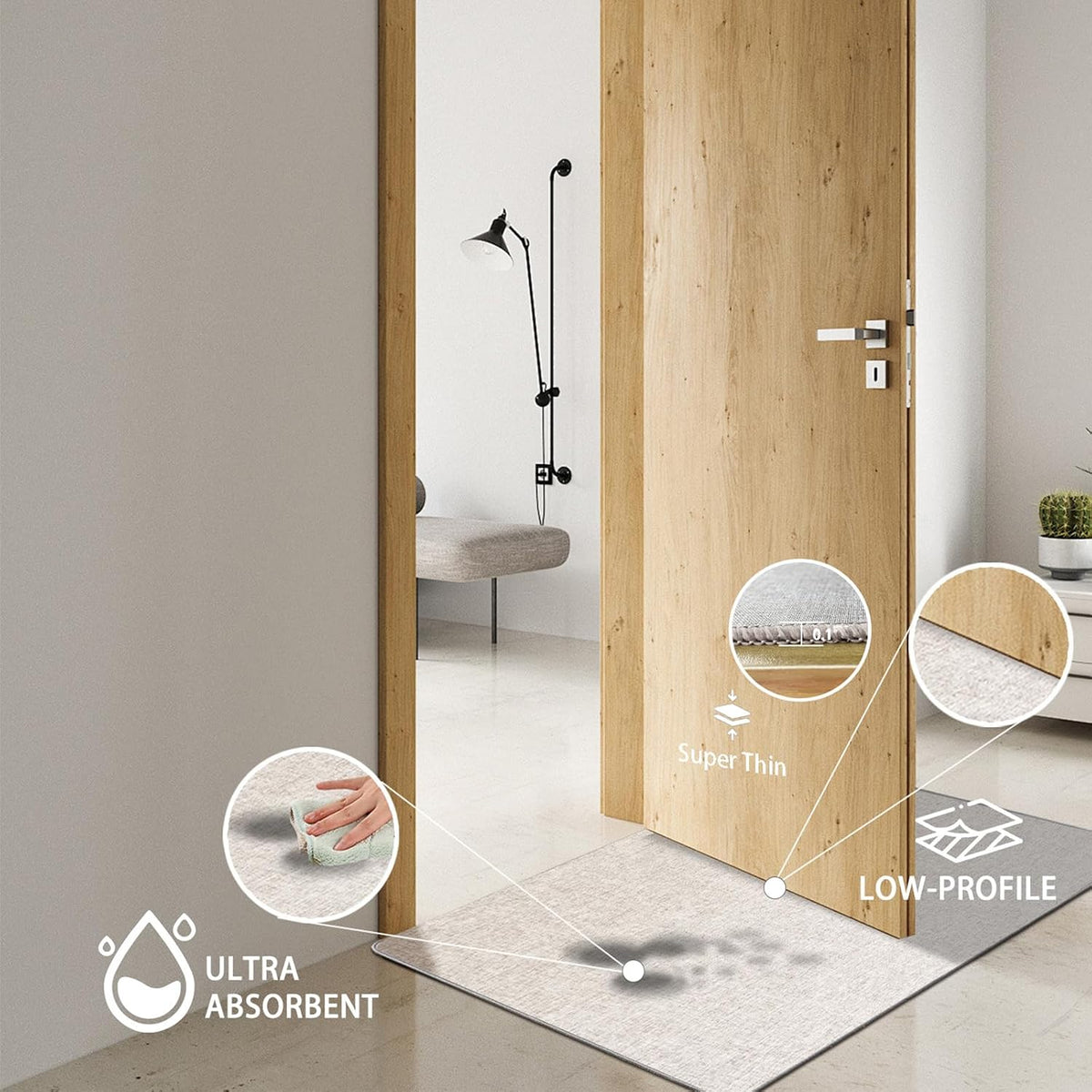 Yancorp 2'x3' Ultra Thin Bathroom Rugs,Low Profile Bath Rug,Rubber mat,Fit Under Door,Non Slip,Machine Washable Shower Rug, Khaki (23"x35")