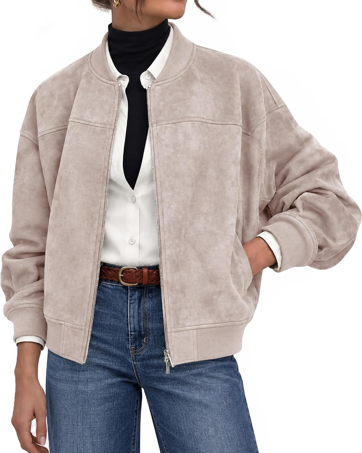 Women's Faux Suede Bomber Jackets Fall Fashion Outfits Winter Clothes Stand Collar Zip Up Coats Outwear