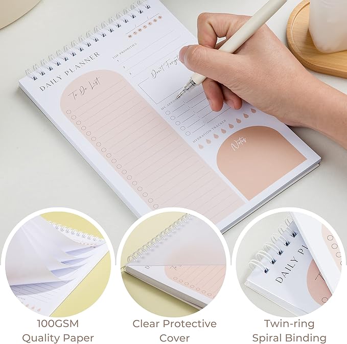 Daily Planner To Do List Notepad 60 Undated Pages,Apricot,Twin-ring Spiral Bindling 6x9 Inch Desktop Daily Planning Notepad with Protective Cover,Notebook for Daily Tasks, Water Intake, Habit Tracker