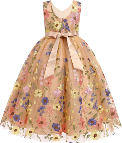 Girls Mesh Flower Embroidered Dress Illusion Tulle Mesh Embroidery Dress for Girls Flower Girls Dresses for Wedding Birthday
