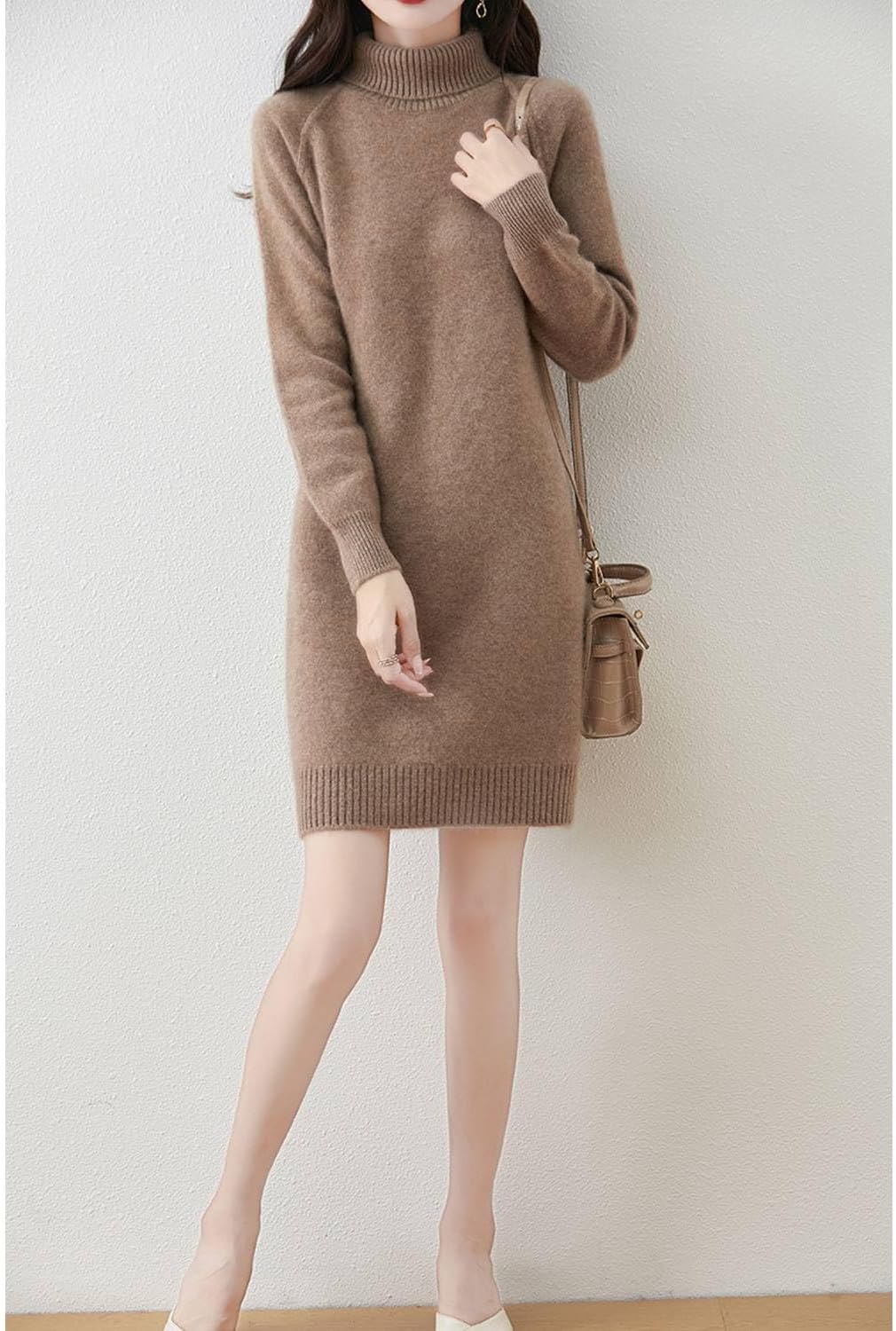 Thick Sweater Dress Women's Turtleneck Raglan Sleeve Merino Wool Pullover Autumn Winter Knitted Long Tops