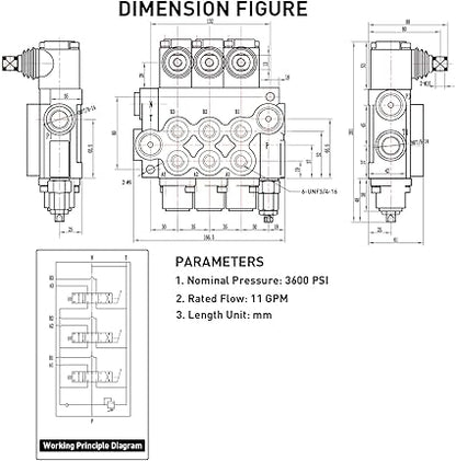 Hydraulic Tractor Loader Control Valve 3 spool, 11GPM SAE Ports Double Acting Hydraulic Directional Flow Control Valve wJoystick for Log Splitters, Tractors Loaders