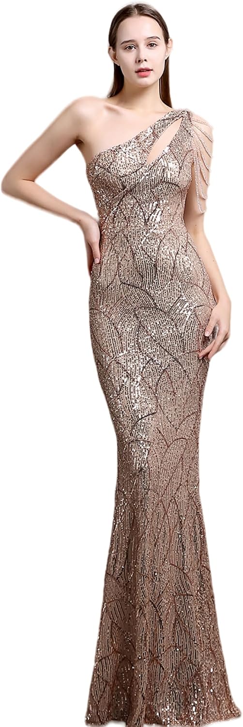 platlogy Women Sequin Long Prom Dresses One Shoulder Sparkly Mermaid Evening Dresses Formal Maxi Gown Plus Size.