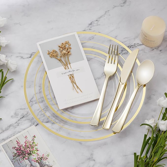 100PCS Clear Plastic Plate, 7 Inch Disposable Dessert Plate Party with Gold Rim, Heavy Duty Disposable Plastic Plates for Party, Wedding and Birthday