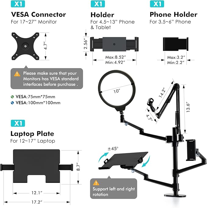 Viozon Selfie Desktop Live Stand Set 6-in-1 10" LED Ring Light Microphone Mount compatible with 12-17" laptop17-32'' monitor7-13 Tablet3.5-6.7" PhoneDigital Camera DSLR Online Teaching Meeting