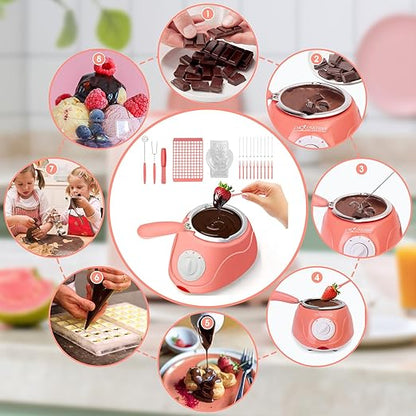8.45oz Melting Fondue Pot, MINI Electric Chocolate Melting Set, Chocolate Fondue Fountain, Warmer Machine for Milk Chocolate, Cheese, Butter, Candy, Pink
