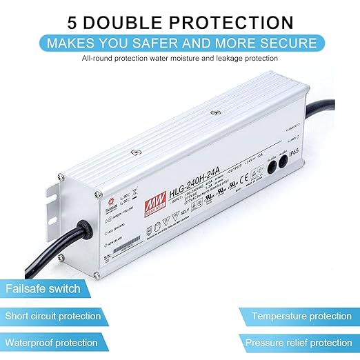 HLG-240H-24A Waterproof LED Driver 24V 10A, 240W -Adjustable Constant Voltage  Current, Ideal for Outdoor, Street, Commercial Lighting, High Efficiency Power Supply