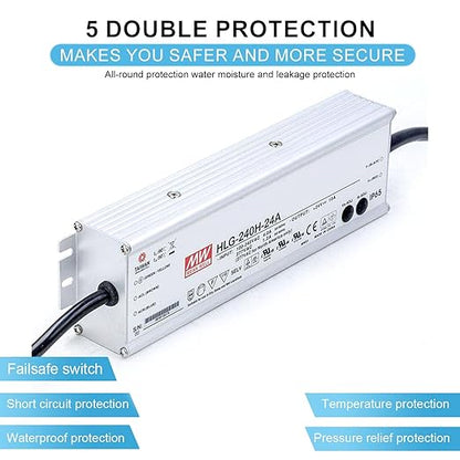 HLG-240H-24A Waterproof LED Driver 24V 10A, 240W -Adjustable Constant Voltage  Current, Ideal for Outdoor, Street, Commercial Lighting, High Efficiency Power Supply