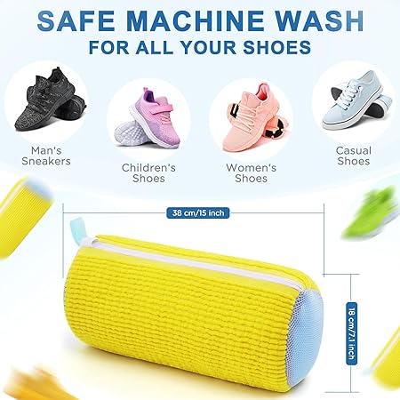 Shoe Washing Machine Bag, Invisible Zipper Side Opening Shoe Washing Bag for Washer and Dryer, Shoe Laundry Bags for Sneakers, Reusable Shoe Cleaning Bag for All Shoe Sizes (Yellow 1pc)